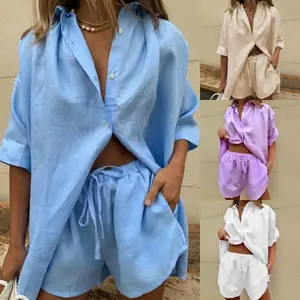 Wholesale Solid Color Breathable Long Sleeve Loose Casual Shirt And Shorts Set Women