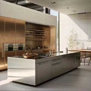 เฟอร์นิเจอร์ครัวสำเร็จรูปสไตล์อิตาเลียนหรูหราทันสมัยสำหรับโรงแรมเชิงพาณิชย์ ชุดตู้เก็บของติดผนังพร้อมไอส์แลนด์สำหรับห้องนั่งเล่น - Product Image 1