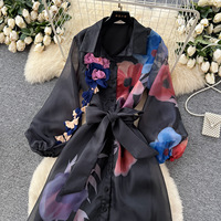 Cette robe de style français dégage une touche de sophistication pour les femmes. Il présente un col lacé, une taille cintrée et des manches lanternes.