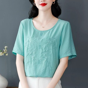 Purple Embroidered Short Sleeve Cotton <b>Linen</b> Blouse Loose Fit Women's <b>Top</b> Daily Wear Casual Style - Product Image 3