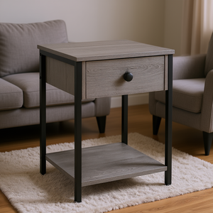 Industrial Grey Accent <b>Side</b> Table With Drawer And Storage Shelf Living Room Furniture - Product Image 2