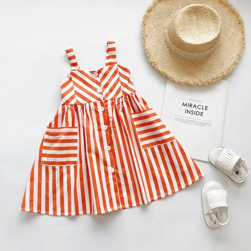 Latest Arrival 2021 Summer White And Red Striped Dress Little Girl Suspender Dresses