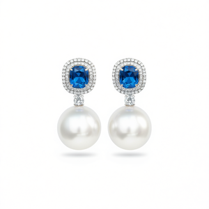 Boucles d'oreilles pendantes bleu saphir avec perle d'eau de mer et halo de diamants pour femme, style classique de mariage - Product Image 1
