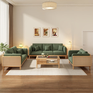 Nordic Style Solid Wood Rattan Sofa Set L Shaped Three Seater Combination Living Room Furniture Natural Wood Color - Product Image 1