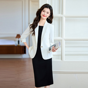 Women's Short Suit Jacket And Dress Two Piece Set Solid Color Polyester Anti Wrinkle Blazer For Office Wear - Product Image 4