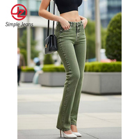 Jean en denim vert olive taille basse pour femme, coupe droite, très extensible, coupe ample, ourlet évasé vintage, style urbain, grandes tailles
