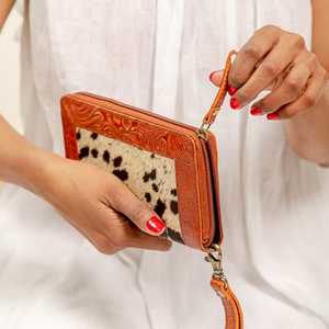 New Western Style Hair On Hide Colourful <b>Tooled</b> Fur Leather Clutch Women Designed Purse Hot Selling <b>Tooled</b> Leather Unique Wallet - Product Image 3