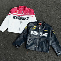 Blouson coupe-vent personnalisé avec logo, style rétro motorsport, épaules tombantes, unisexe, col montant, en cuir PU pour course moto