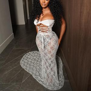 Nuevo Vestido Largo Sexy de Encaje con Malla y sin Tirantes para Mujer, a la Moda - Product Image 5