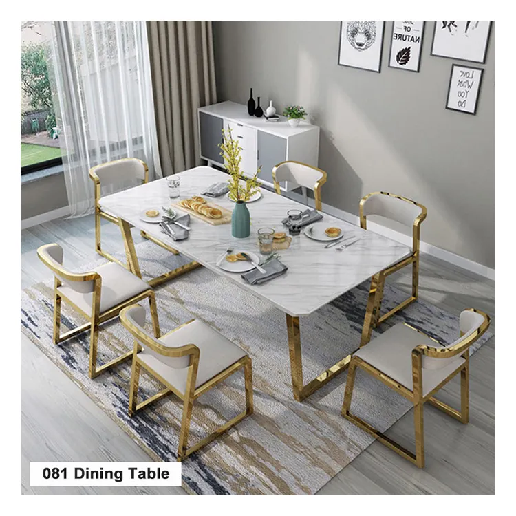 Muebles modernos de acero inoxidable, 6 sillas, mesa de comedor con esmalte de sellado dorado y titanio