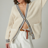 Vente en gros – Pull côtelé rayé à col en V et bordure contrastante pour femme, mi-long, style preppy, décontracté, 100 % coton, pour l'automne