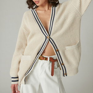 Cárdigan casual de otoño para mujer, de punto acanalado, con cuello en V, ribete en contraste, manga larga, de longitud media, estilo preppy, venta al por mayor - Product Image 5