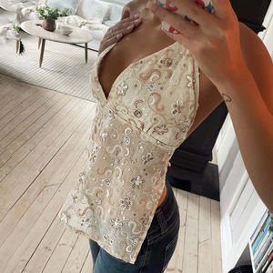 Women Bohemian Vacation Style <b>Sequin</b> Embroidery Halter Camisole <b>Top</b> <b>Backless</b> Slim Fit Sexy Beachwear - Product Image 3
