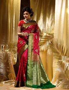 Festive Wear Women's Silk <b>Saree</b> <b>Red</b> With Green Border Traditional Ethnic Wear For Wedding Occasion India Pakistan Style - Product Image 1