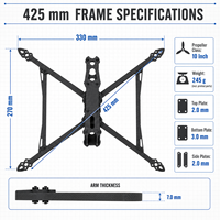 Kit de châssis de drone FPV en fibre de carbone CNC personnalisé de 10 pouces, empattement de 425 mm avec bras de 7 mm pour quadricoptère longue portée et freestyle