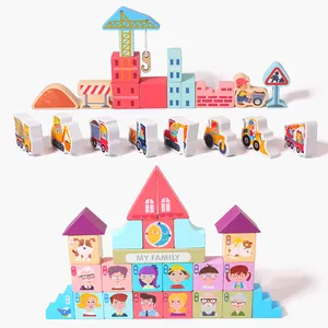 Commercio all'ingrosso 100 pezzi di blocchi di costruzione in legno massello naturale stampa a colori set di blocchi di giocattoli per bambini bambini