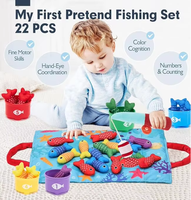 Nouveau jeu de pêche en tissu Montessori 22 pièces, jouet sensoriel d'apprentissage pour bébé avec gobelets empilables et rangement, jeu de tri des couleurs amusant pour enfant