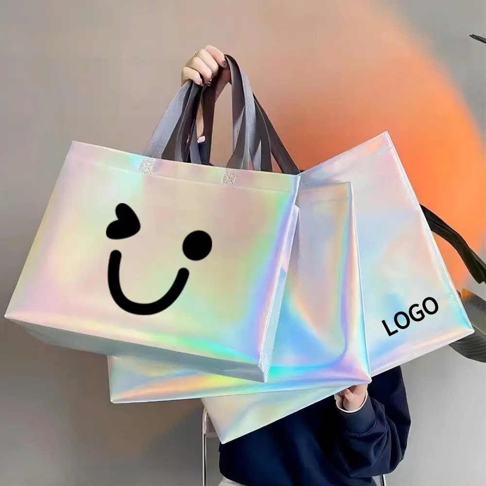 Moda promozionale glitter olografico laser iridescente argento borse regalo laser non tessuto shopping bag