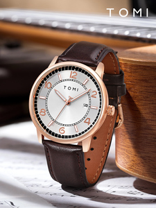 Montre analogique classique TOMI pour homme, mouvement à quartz, boîtier en acier inoxydable, cadran bleu, bracelet en cuir marron - Product Image 1