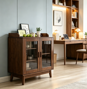 Meuble de salon moderne en bois massif avec portes vitrées, 3 étagères, design mid-century, meuble de rangement - Product Image 1