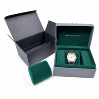 Boîte cadeau de luxe en carton rigide pour montre avec insert en velours vert et coussin pour montre, boîte d'emballage de montre au toucher soyeux mat