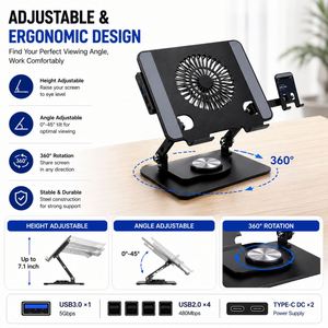 Nouveau support et socle tout-en-un pour ordinateur portable avec ventilateur de refroidissement, hub USB, design réglable, support pour téléphone, en acier carbone noir, jusqu'à 17,3 pouces - Product Image 5