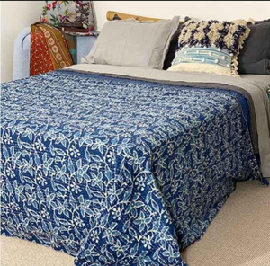 Indigo Blue Cotton Kantha <b>Quilt</b> Twin Size 60x90 Inch Handmade <b>Bedspread</b>, Traditional Indian Patchwork Bedsheet - Product Image 2