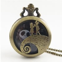 Cadeau d'Halloween antique - Collier pendentif gothique rétro Jack Skellington, montre de poche inspirée du film de Noël terrifiant de Tim Burton pour hommes et enfants