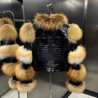 Veste en cuir texturé crocodile pour femmes, veste courte en cuir de mouton avec fourrure de renard naturelle