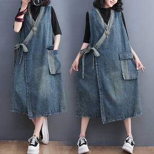 Ingrosso Primavera 2026 Abito da Donna in Denim a Mezza Lunghezza Ampio Vintage con Lacci Casual Scollo a V Sciolto Effetto Ringiovanente - Product Image 2
