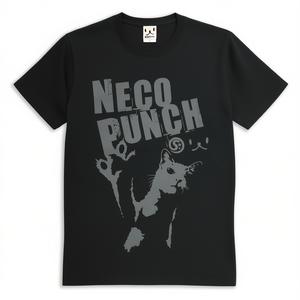 T-shirt con stampa Neco Punch Cat per uomo e donna, manica corta, nero, grigio, design grafico - Product Image 2