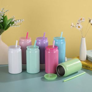 In Stock 16oz Sublimation Cylindrical 304 201 Stainless Steel Insulated Vacuum <b>Cup</b> with Colorful Lid Plastic <b>Straw</b> - Product Image 1