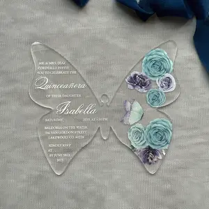 factory custom luxury modern plexi laser cut sweet 16 Quinceanera princess Floral printing butterfly Acrylic invitation card