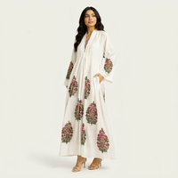 Kaftan Bohème Long Blanc en Coton Imprimé à la Main pour Femme, Col en V, Manches Longues, Motif Floral, Simple, Formel, Écologique, Vente en Gros