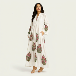 Wholesale Women White Cotton Hand Block Print <b>Kaftan</b> Boho Maxi Dress V Neck Wide Sleeve Floral Simple Formal Eco-Friendly <b>Summer</b> - Product Image 1