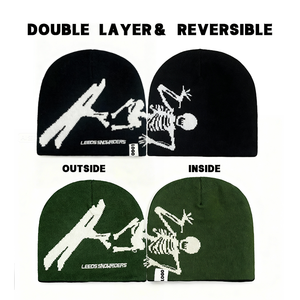 Fabricants de bonnets à double couche, bonnet réversible épais, jacquard, streetwear, logo <span class=keywords><strong>d</strong></span>'étiquette tissée privée, bonnets tricotés - Product Image 1