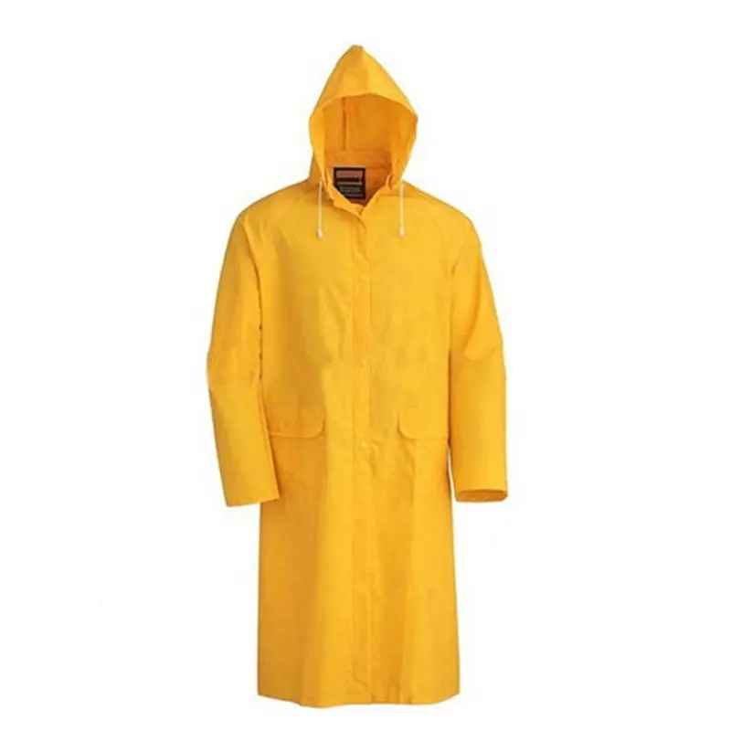 Yellow 100% water proof oil chemical resistant rain wear custom logo one piece long pvc polyester raincoat prices