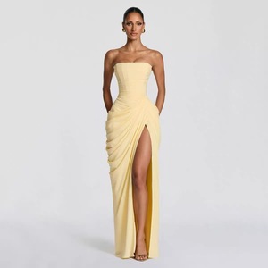 Abito <span class=keywords><strong>Bustier</strong></span> da Donna con Stecche, Vestito Lungo con Fiocco in Vita e Spacco Posteriore, Elegante Abito da Sera per Vacanze con Lacci Posteriori - Product Image 1