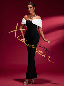 Robe de soirée maxi élégante en laine imprimée respirante à panneaux blancs et noirs pour femmes, livraison directe MF - Product Image 5