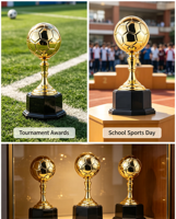 Coupe de trophée de football en alliage de zinc poli et plaqué, gravée sur mesure, imprimée UV, avec base noire portable, pour récompense de match de championnat sportif