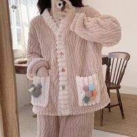 Ensemble de pyjama en polaire corail thermique à manches longues pour femme, nouvelle collection automne/hiver 2025, en flanelle épaisse, motif petit ours, vêtements d'intérieur d'hiver
