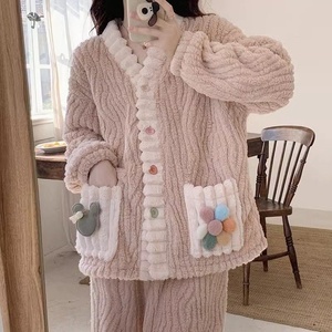 Conjunto de Franela Térmica de Manga Larga para <span class=keywords><strong>Mujer</strong></span>, Diseño de Osito, Otoño/<span class=keywords><strong>Invierno</strong></span> 2025, Nueva Llegada, Ropa de Casa Gruesa de Coral Fleece - Product Image 4