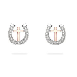 Orecchini a Cerchio Bicolore in Argento 925 Placcato Oro Rosa con Cristalli e Strass, Gioielli Religiosi da Donna per Uso Quotidiano - Product Image 1