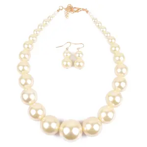 Large Style Big White Red Simulated Imitation Faux Pearl Beads Strand Necklace Earrings Jewelry Set