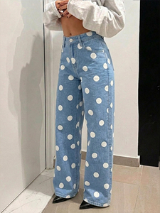 Jeans da <span class=keywords><strong>Donna</strong></span> a Vita Alta Traspiranti Estivi Casual in Denim a Gamba Larga con Stampa a Pois Semplice e alla Moda, <span class=keywords><strong>Pantaloni</strong></span> Lavati - Product Image 3