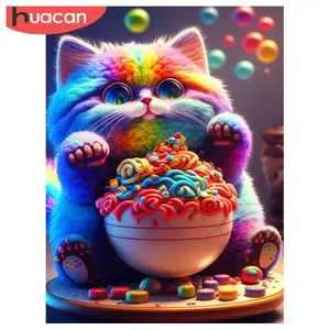 HUACAN יהלומי פסיפס חתול צבעוני מלא כיכר עגול ציור בעלי החיים צלב סטיץ רקמת סטי בית תפאורה מתנה