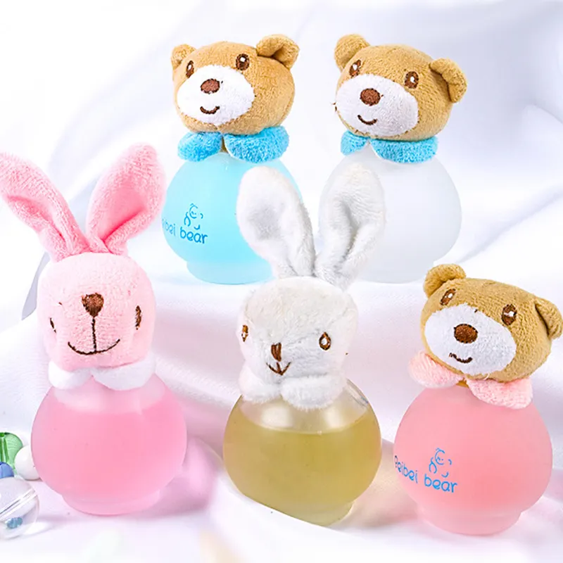Cute cartoon bunny bear plush animal doll cap pump sprayer 50ml glass perfume bottle for kids gifts