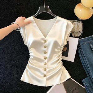 T26472 Chemisier élégant <span class=keywords><strong>en</strong></span> <span class=keywords><strong>satin</strong></span> pour <span class=keywords><strong>femme</strong></span>, col <span class=keywords><strong>en</strong></span> V, sans manches, boutons métalliques, froncé sur les côtés, coupe ajustée, taille cintrée, chemises décontractées pour femmes - Product Image 2