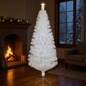 Árbol de Navidad Artificial Blanco de 7 Pies Preiluminado con Luces LED de Fibra Óptica, Estrella en la Punta, Decoración Navideña para Interiores con Base - Product Image 2