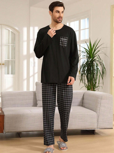Vêtements de nuit à col rond et poche à carreaux pour hommes Ensemble de pyjama avec pantalon à manches longues Mode pyjama en coton pour hommes Ensemble de vêtements de détente confortables - Product Image 3